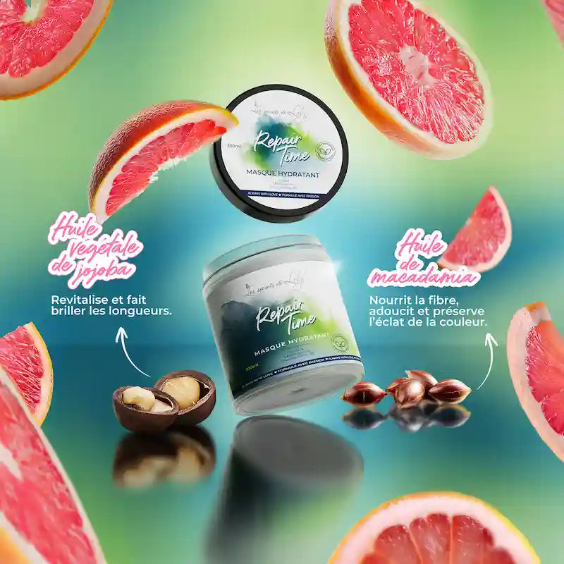 Composition Repair Time Les Secrets de Loly Masque hydratant à base d'huile de Jojoba revitalisante et de Macadamia nourrissante
