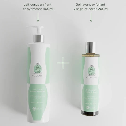 Routine de soins unifiants pour le corps en 2 étapes : exfoliation + hydratation