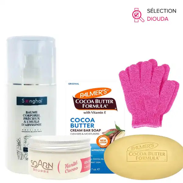 Routine simple et complète Peau Sèche pour le Corps + 2 gants exfoliants pour la douche