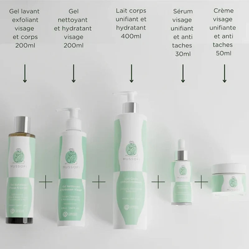 Routine complète visage et corps avec 5 soins anti-taches adaptés aux peaux sèches et sensibles Mussofi