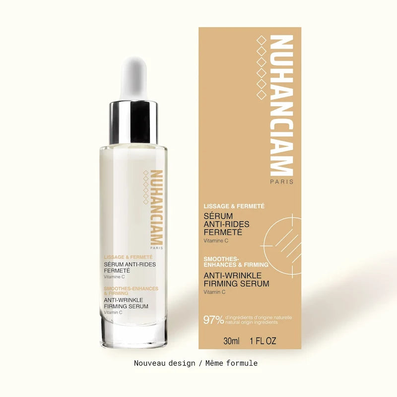 Sérum anti-âge Nuhanciam 97% d’ingrédients d’origine naturelle pour à la Vitamine C pour une peau raffermie et unifiée.