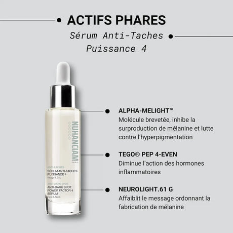 Sérum anti-taches Nuhanciam efficace sur peaux noires et toutes les peaux de phototypes III à VI. 97% d'ingrédients d'origine naturelle Flacon 30ml
