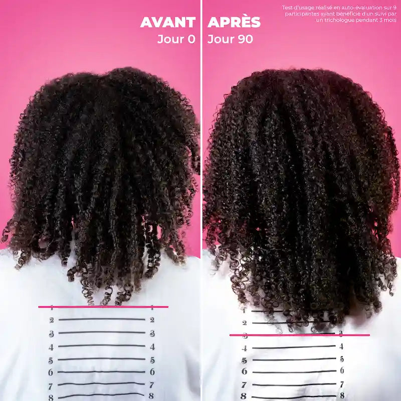 Avant Après sur cheveux frisés après 90 jours de cure avec le sérum croissance Kurl Hero Les Secrets de Loly