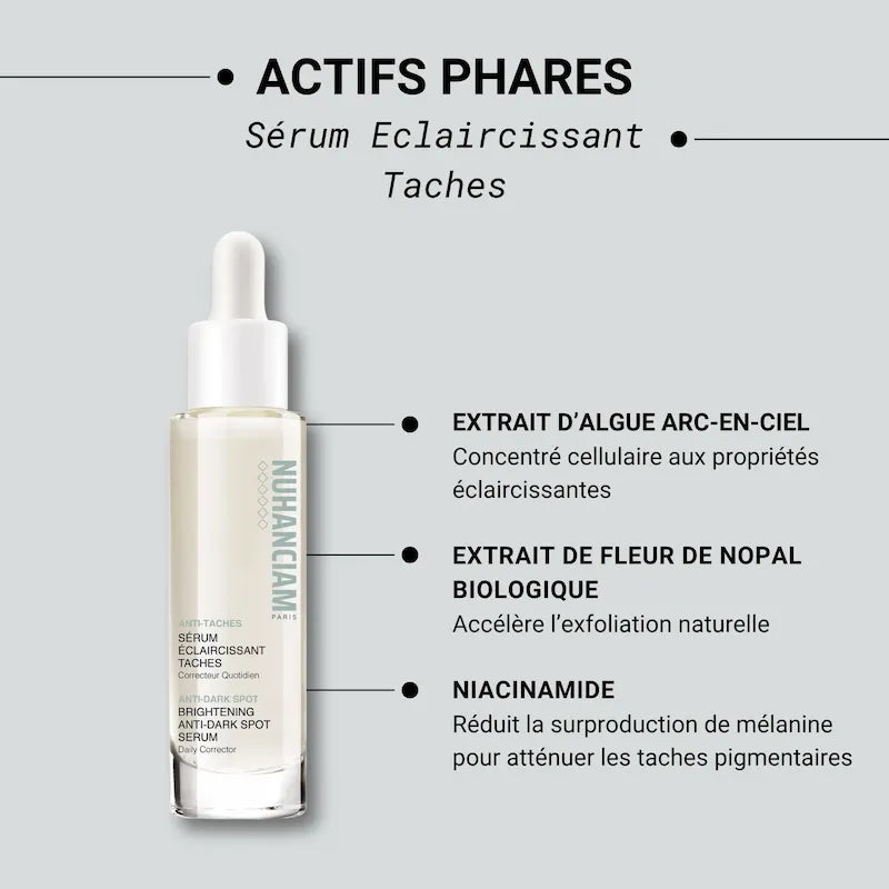 Sérum éclaircissant sans hydroquinone sans danger pour peau noire, mate, métissée Nuhanciam