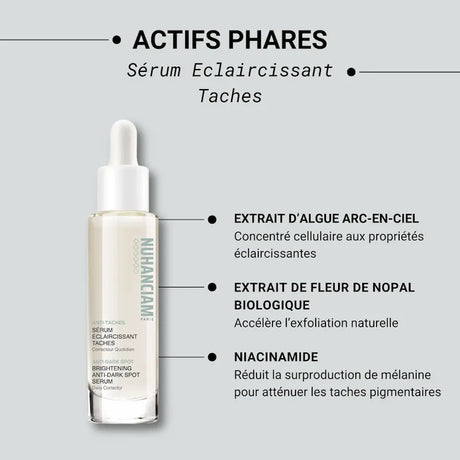 Sérum éclaircissant sans hydroquinone sans danger pour peau noire, mate, métissée Nuhanciam