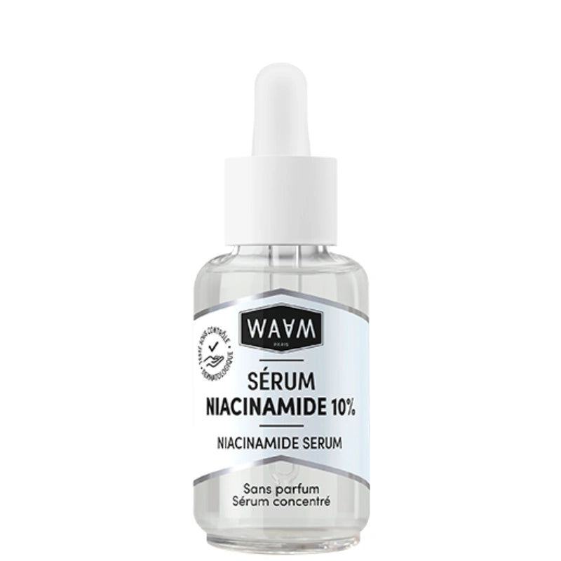 Sérum Niacinamide 10% WAAM éclaircit les taches et resserre les pores dilatés sur peaux à imperfections mixtes à grasses. 30ml