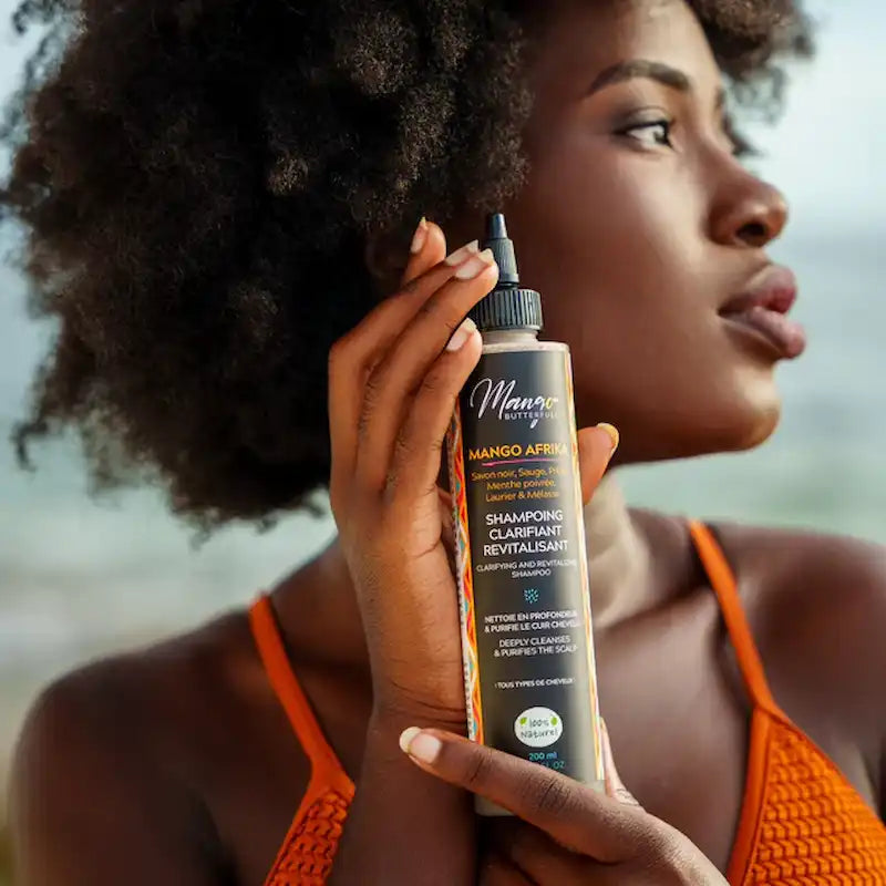 Shampoing Clarifiant Revitalisation Mango Afrika 100% naturel sans sulfate pour cheveux crépus, frisés, bouclés au savon noir
