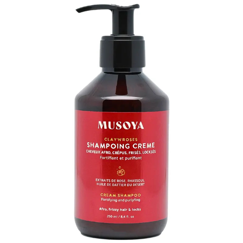 Shampoing crème clarifiant Musoya Clay’N’Roses pour cheveux crépus, frisés et locksés, 93 % naturel