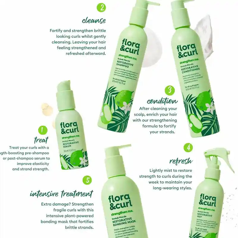 Gamme complète Strengthen Me Flora and Curl associant shampoing, après-shampoing, masque, spray et sérum pour cheveux cassants et sensibilisés