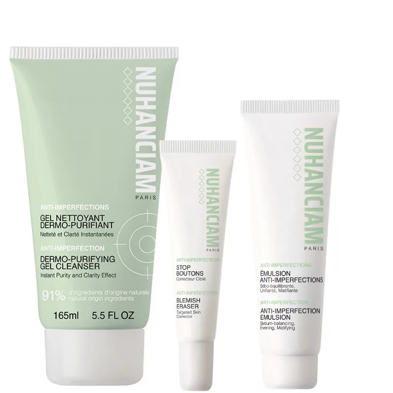 Nuhanciam anti acné: Un nettoyant, un hydratant, un soin spécifique pour traiter les imperfections.