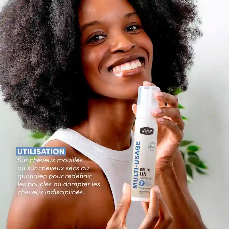 Gel de Lin particulièrement adapté et recommandé pour les cheveux bouclés, crépus et frisés pour gainer et définir les boucles. Flacon 100ml
