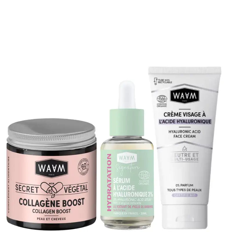 Repulpez votre peau avec 3 produits visage concentrés en acide hyaluronique ou collagène pour hydrater et raffermir la peau sèche et déshydratée