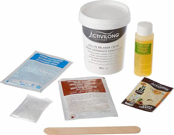 kit défrisage ACTILISS: Défrisant-soin sans soude, régulateur cuticulaire, shampooing neutralisant, masque-soin prolongateur de lissage, Sérum Lissant thermo-protecteur