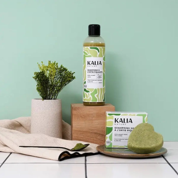shampoing liquide ou solide à l'ortie piquante de Kalia Nature soin lavant multifonctions qui nettoie, purifie, régule et stimule la fibre capillaire.