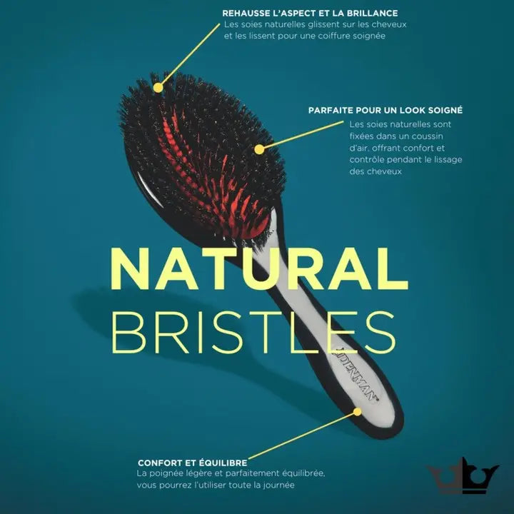 Brosse Denman de petite en poils de sanglier.    Longueur de la brosse : 185 mm. Largeur de la brosse : 50 mm. Noire avec coussin rouge.