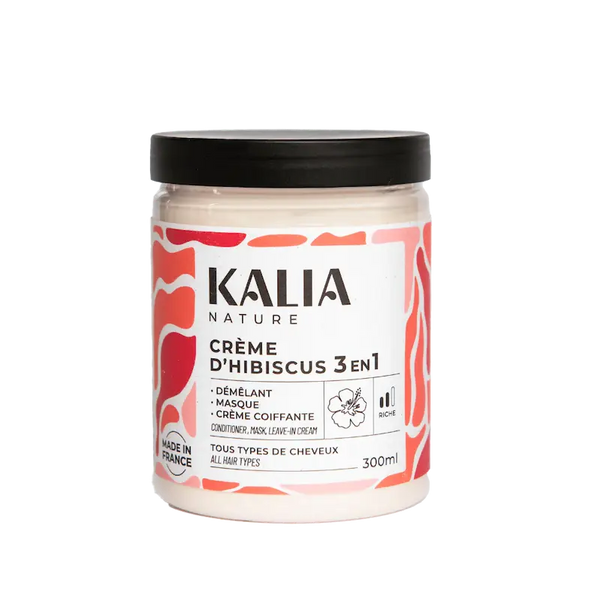 Kalia Nature Crème d'hibiscus soin capillaire 3-en-1 300ml à utiliser en masque, après-shampooing ou soin coiffant sans rinçage.