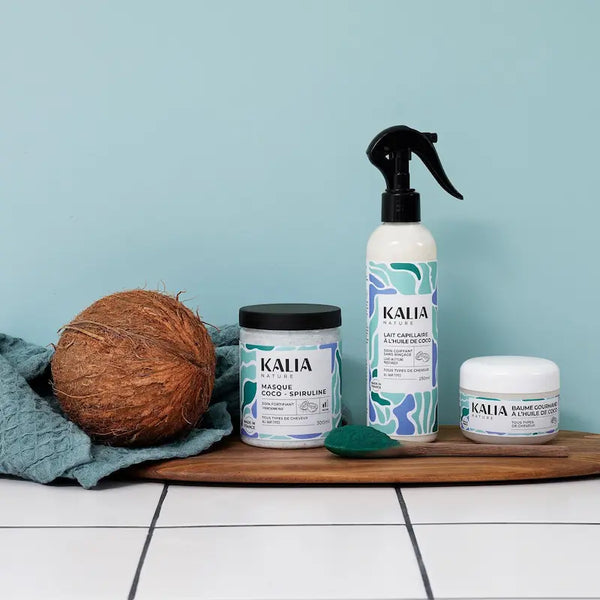 Kalia Nature gamme coco, 3 soins parfaits pour les cheveux secs et cassants.