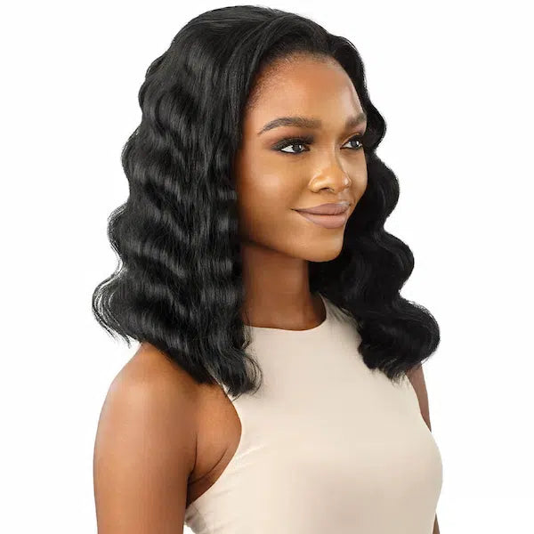 Perruque synthétique Demi-Tête Ondulée Wavy noire - Taureena Outré vue de profil