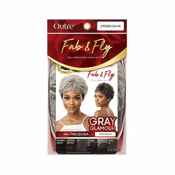 Perruque naturelle courte Cheveux Humains vierges couleur grise - Outré Theodora avec frange packaging