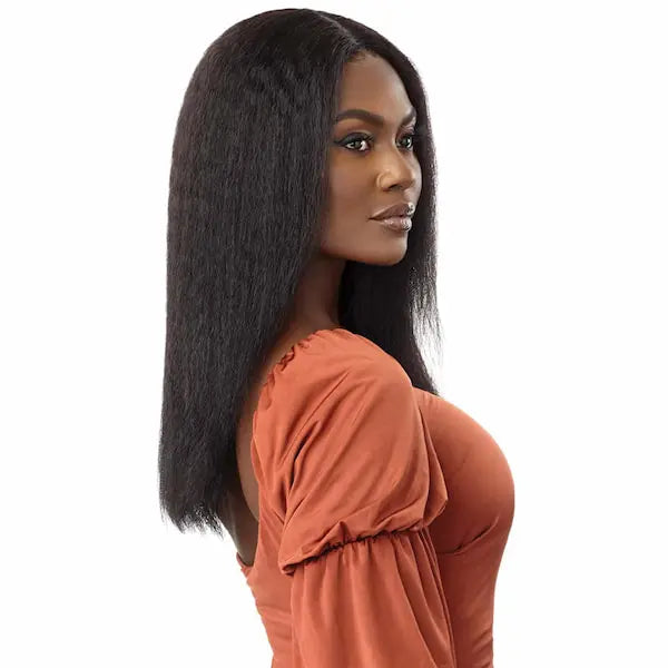 Perruque Naturelle Kinky Straight texture Yaki Longueur 20 pouces Lace HD transparente vue de profil - Outré Gold Label