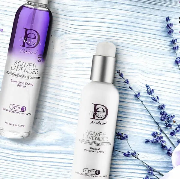 La crème thermo-protectrice AGAVE & LAVANDE de DESIGN ESSENTIALS apporte une excellente protection thermique et donne un fini lisse et soyeux.