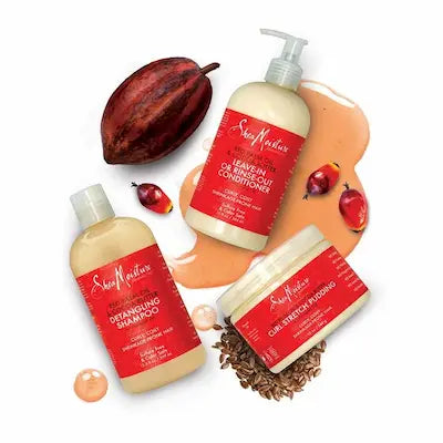gamme Shea Moisture Red Palm Oil and Cocoa Butter. Des produits hydratants et anti shrinkage pour cheveux frisés, crépus. 