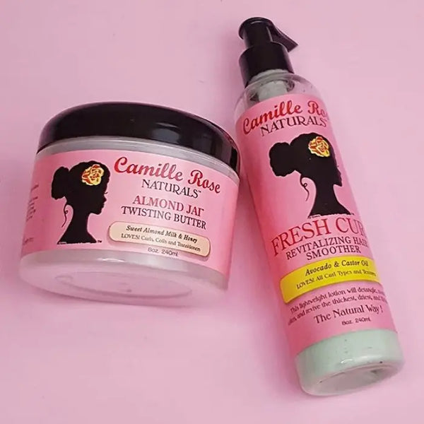 Camille Rose Duo soins cheveux twists avec l'hydratant Fresh Curls et la crème coiffante Almond Jai Butter