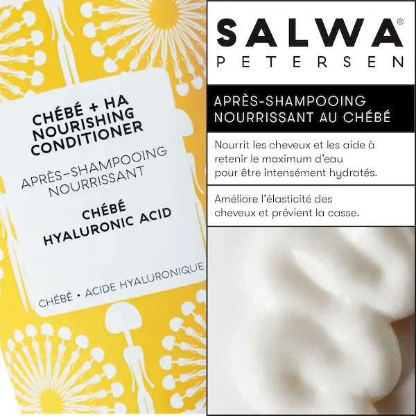 Naturel à 98.7% l'après - shampooing nourrissant au chébé de Salwa Petersen démêle intensément les cheveux et les adoucit sans les alourdir.