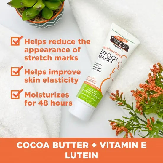 La crème de massage Palmers Cocoa Butter au beurre de cacao de aide à améliorer visiblement l'élasticité de la peau et à réduire l'apparence des vergetures.