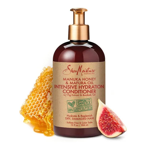 L'après shampoing Shea Moisture Intensive Hydration Conditioner contient du beurre de karité Bio, du miel de Manuka, des huiles réparatrices de mafura et de baobab, des extraits de figue sauvage. 384ML