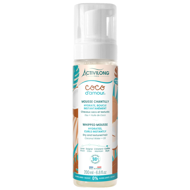 Mousse coiffante Activilong Coco d'Amour hydrate et définit les boucles. Formule sans alcool asséchant