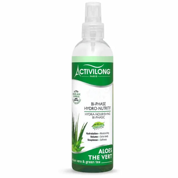 Le Spray Bi-Phase Hydronutritif Aloès & Thé vert  d'Activilong démêle, donne du volume et de la souplesse aux cheveux abîmés et déshydratés.