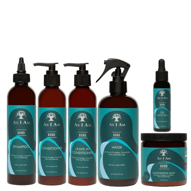 Routine complète hydratante et fortifiante As I Am Bond pour cheveux secs et abîmés.
