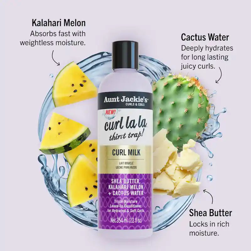 Curl Milk Aunt Jackie’s avec karité, melon du Kalahari et cactus pour hydrater et assouplir les cheveux