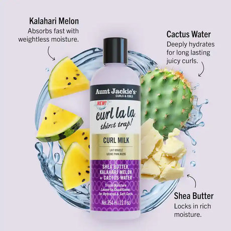 Curl Milk Aunt Jackie’s avec karité, melon du Kalahari et cactus pour hydrater et assouplir les cheveux