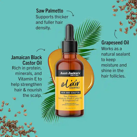 Ingrédients Elixir Saw Palmetto JBCO Aunt Jackie's à l’huile de ricin jamaïcaine et huile de Saw Palmetto pour épaissir les cheveux et limiter la chute