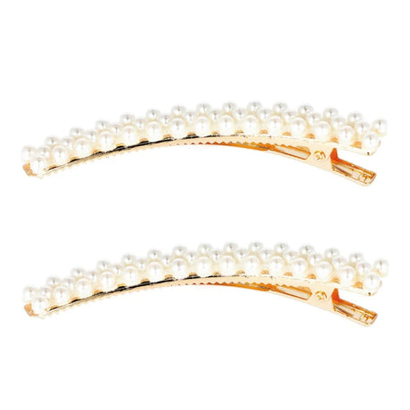 Barrettes cheveux courbée dorée avec perles blanches - Lot de 2