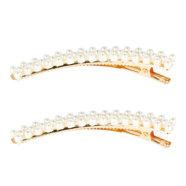 Barrettes cheveux courbée dorée avec perles blanches - Lot de 2