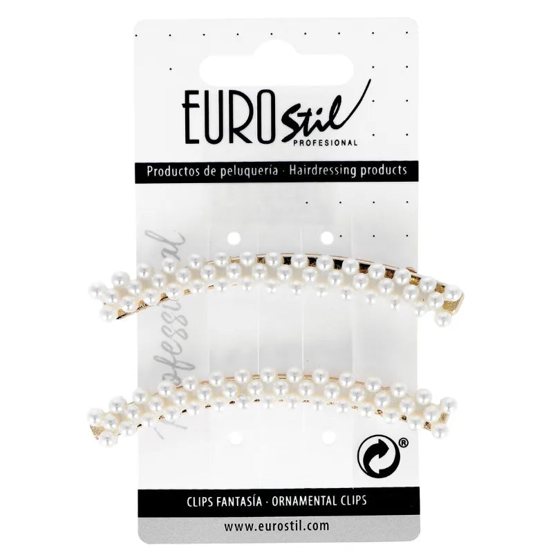 Lot de 2 barrettes courbées dorées avec perles blanches, longueur de 8 cm