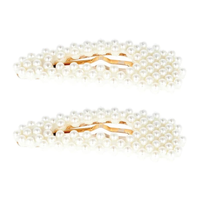 Barrettes Cheveux Clip Clac Dorée Perles Blanches  8 cm
