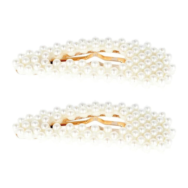 Barrettes Cheveux Clip Clac Dorée Perles Blanches  8 cm