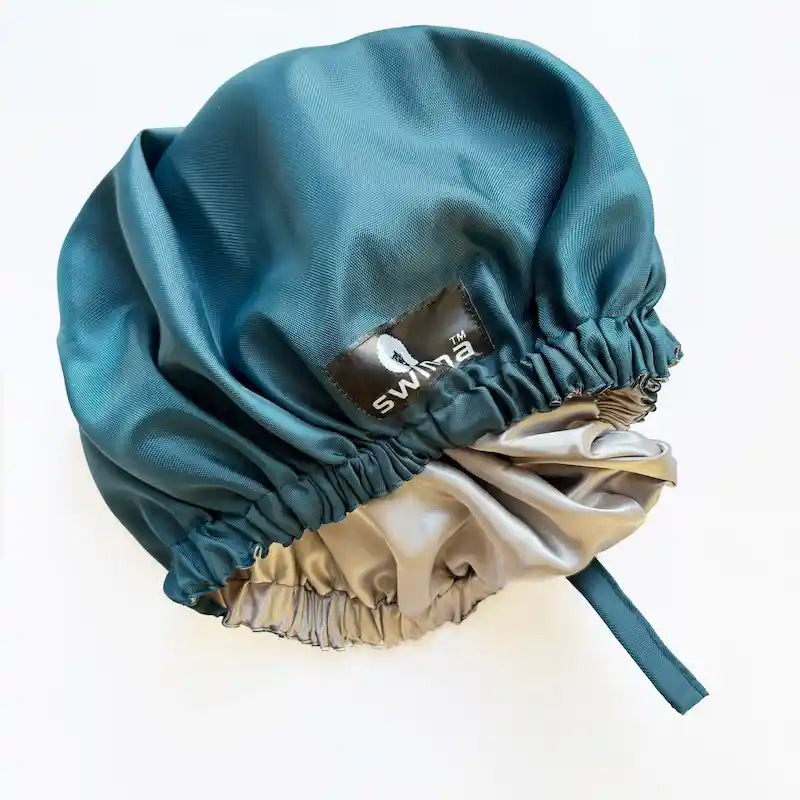 Bonnet de douche enfant satin vert et beige imperméable – accessoire capillaire enfant pour cheveux bouclés, soin et protection