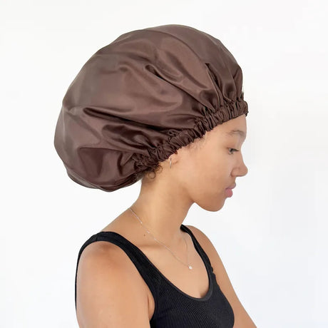 Bonnet de douche AfroShower extra large marron intérieur satin Swimma Caps – idéal pour cheveux afro, volumineux, bouclés et coiffures protectrices