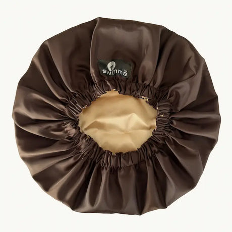 Bonnet de douche XL marron et beige satin imperméable Swimma – accessoire capillaire pour cheveux longs, locks et tresses