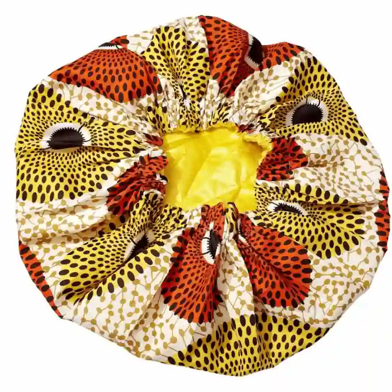 Bonnet Protection cheveux Ankara Intérieur Satin de polyester Jaune et Rouge 