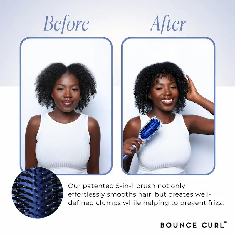Avant Après Résultat volume avec la brosse Bounce Curl EdgeLift sur cheveux crépus avec des boucles parfaitement définies et brillantes