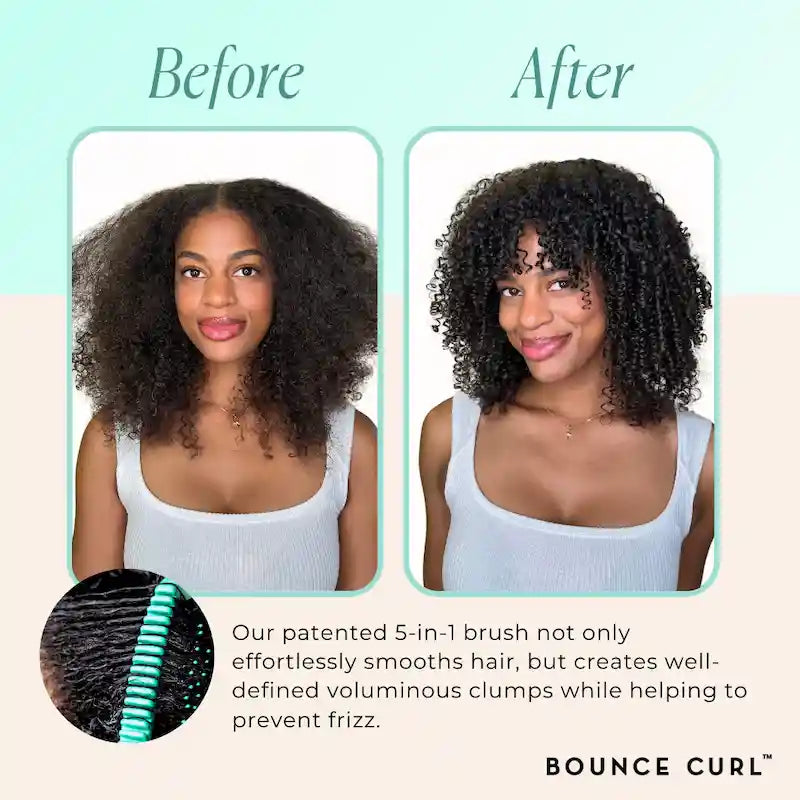 Avant Après Résultat volume avec la brosse Bounce Curl EdgeLift sur cheveux frisés avec des boucles parfaitement définies et brillantes