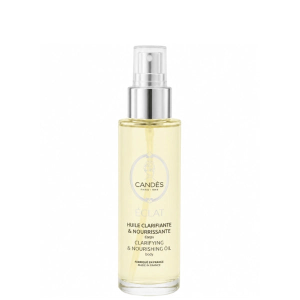 L’Huile Clarifiante et Unifiante corps Candès clarifie, nourrit, satine et parfume la peau. Flacon 100ML