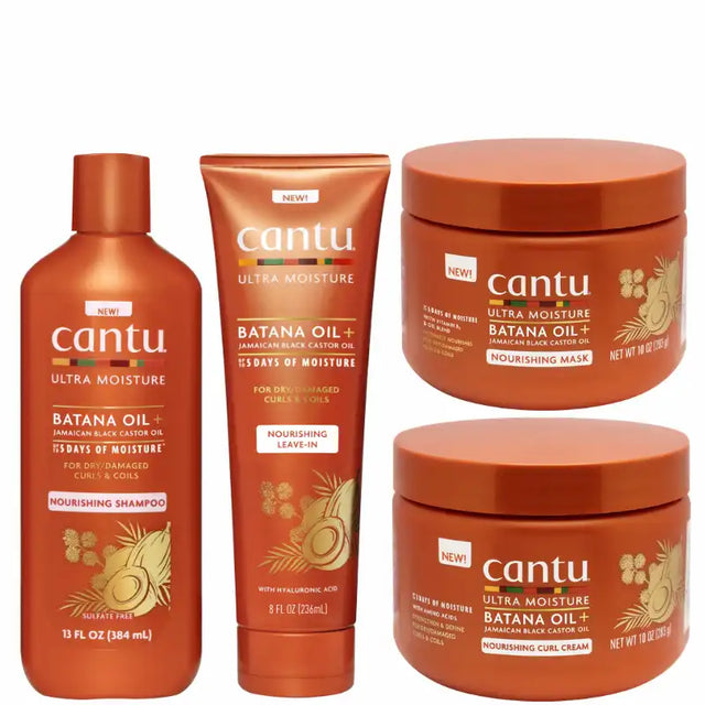 Routine Complète Cantu Ultra Moisture avec shampoing, après-shampoing, crème définissante et huile capillaire à l’huile de batana et huile de ricin noir pour cheveux crépus, frisés et bouclés