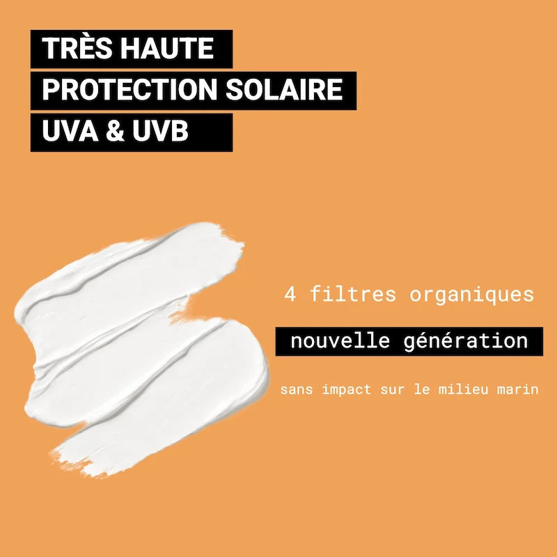 Crème solaire SPF 50+ Haute protection contre UVA et UVB grâce à 4 filtres organiques respectueux de l'environnement naturel